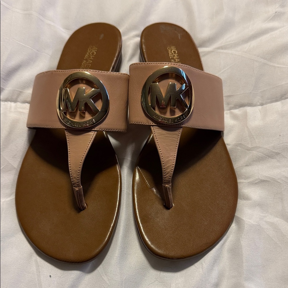 Michael Kors Tan and Brown Sandals with Gold Logo